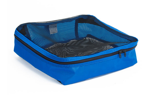 An empty and zipped closed Island (blue) Aether Large Aeronaut 30 Packing Cube.